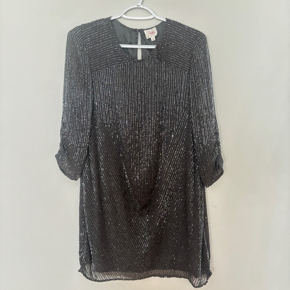 Parker XS Fully beaded long sleeve grey mini dress